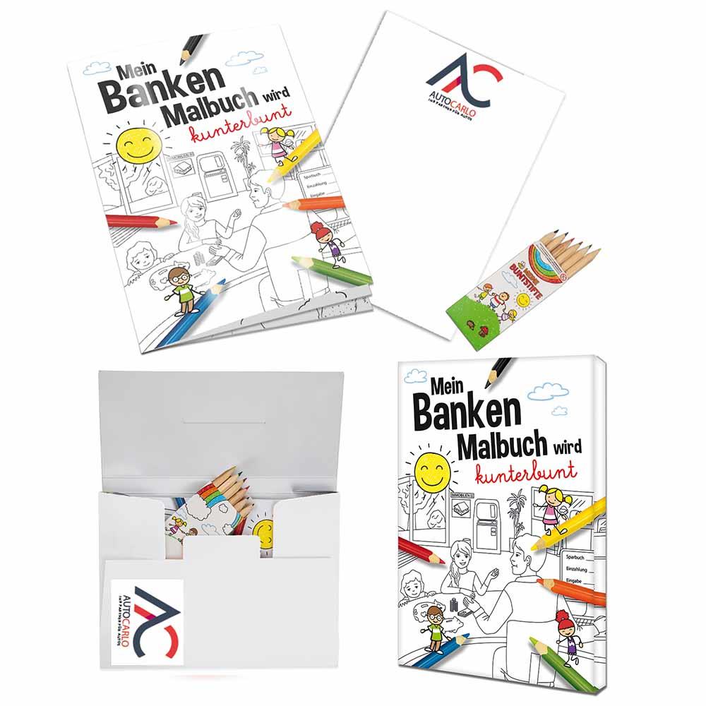 Malbuch / Mal-Set A6 - Banken - Malset mit 2-c Logoeindruck