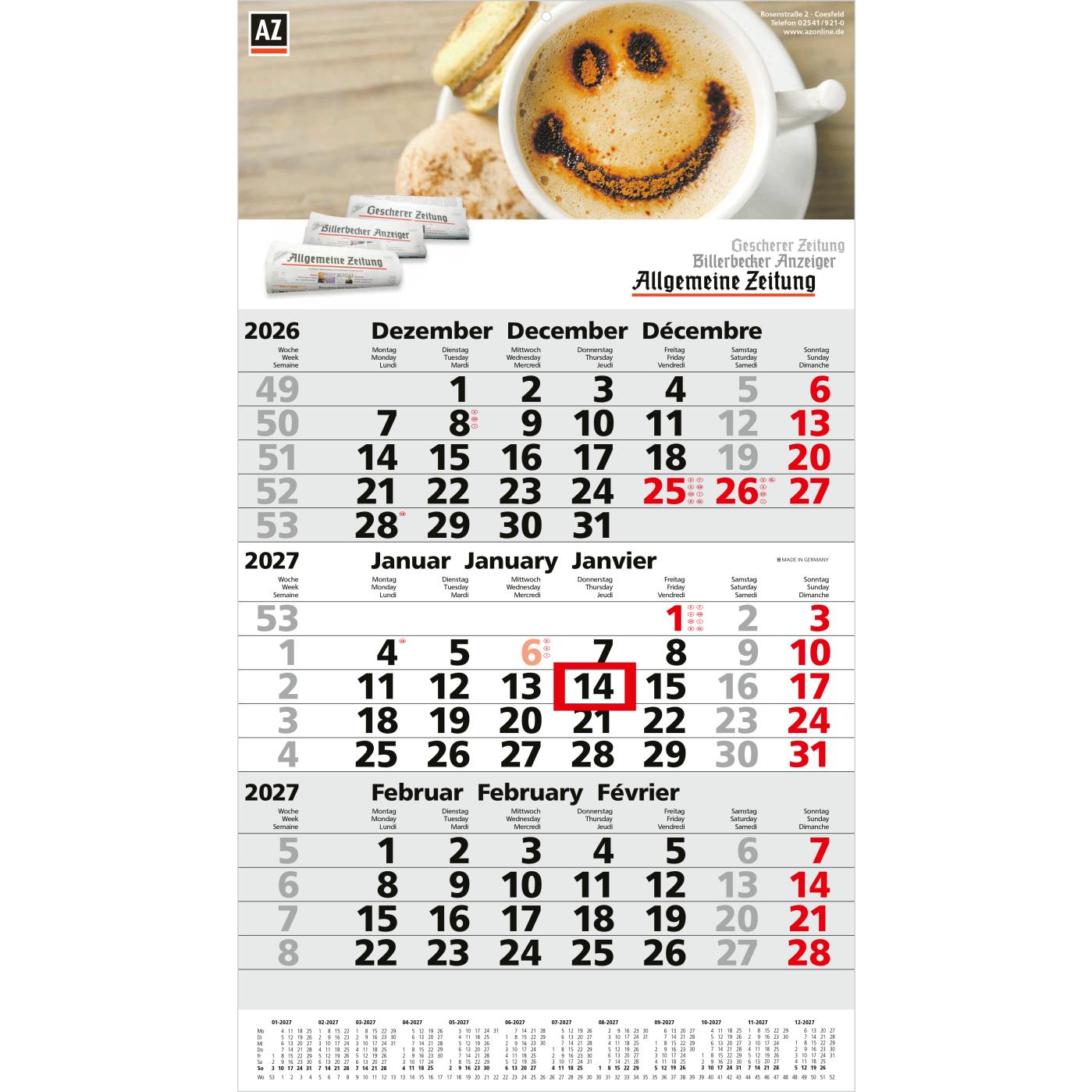 3-Monatskalender Einblatt Primus 3 Post A mit Jahresübersicht