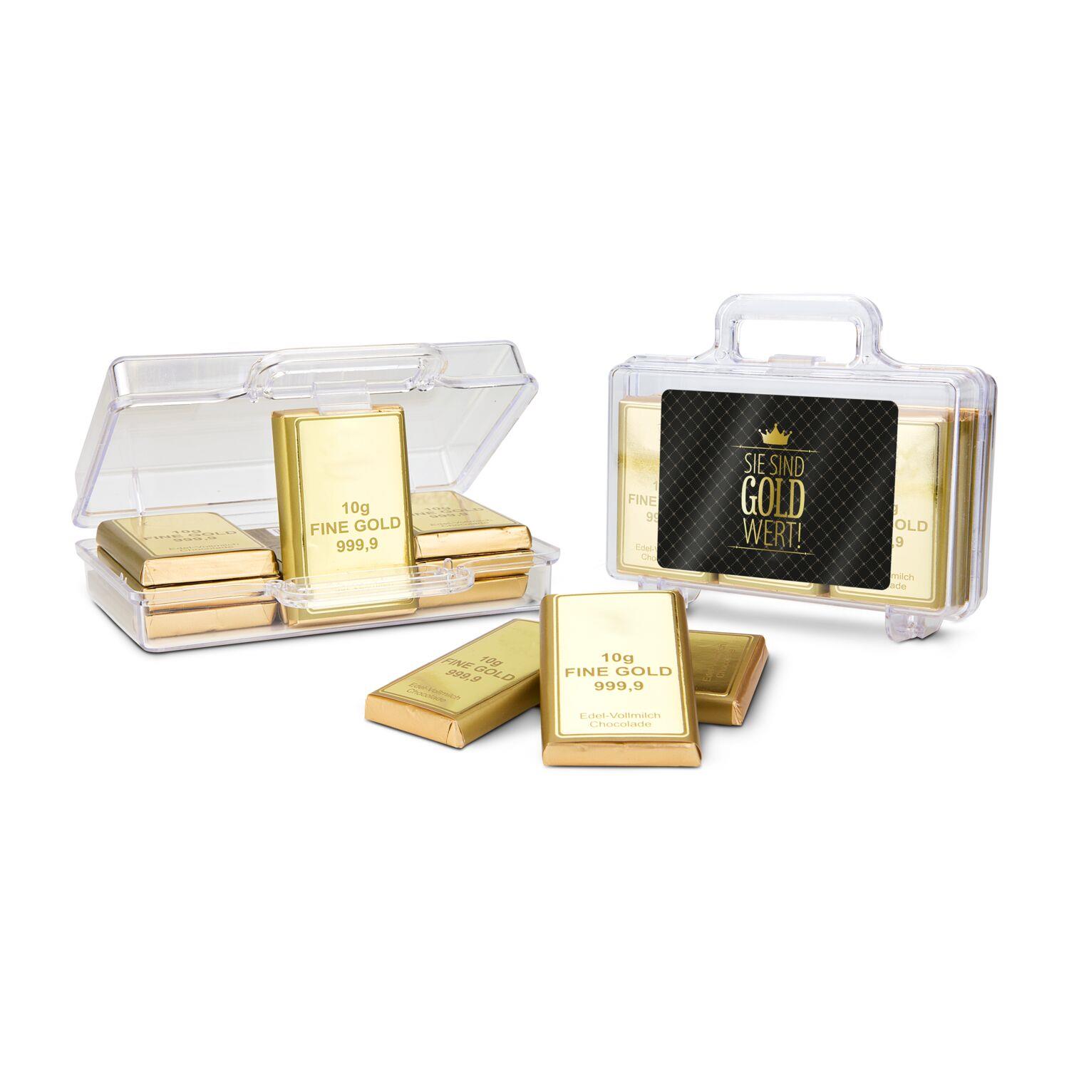 Geschenkartikel: Sie sind Gold wert - Goldkoffer mit 12 Schokoladen Goldbarren (120 g)