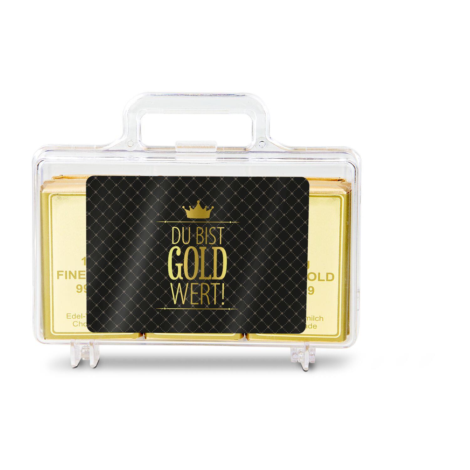 Geschenkartikel: Du bist Gold wert - Goldkoffer mit 12 Schokoladen Goldbarren (120 g)