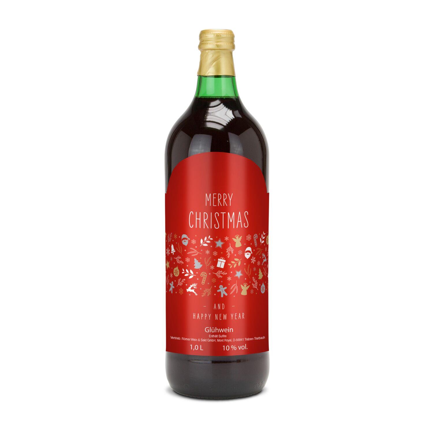 Glühwein - Flasche grün, 1 l - Motiv: Merry Christmas (rot)