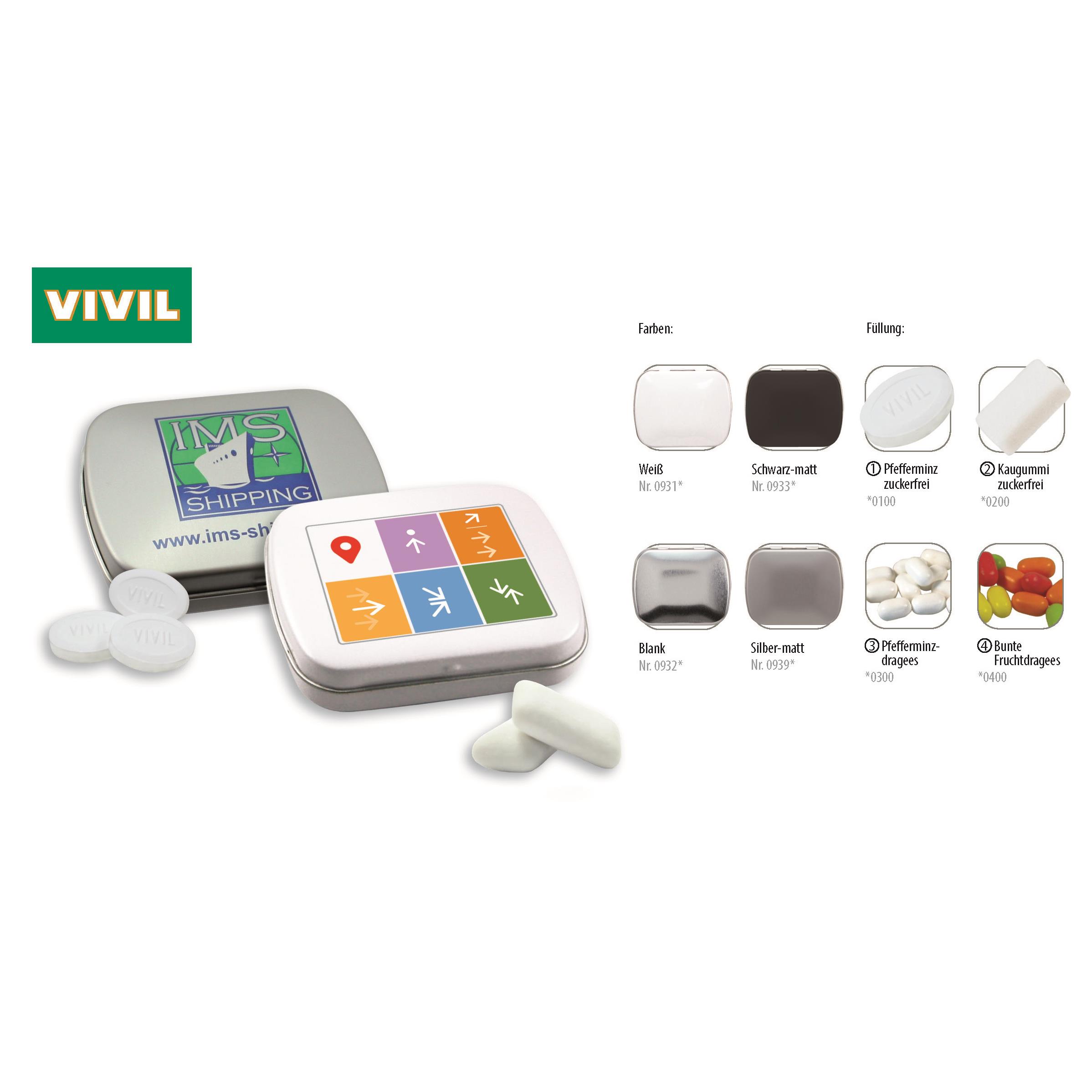 Klapp-Dose-59, silber-matt 20 g, Inhalt: Bunte Fruchtdragees gemischt (Dose)