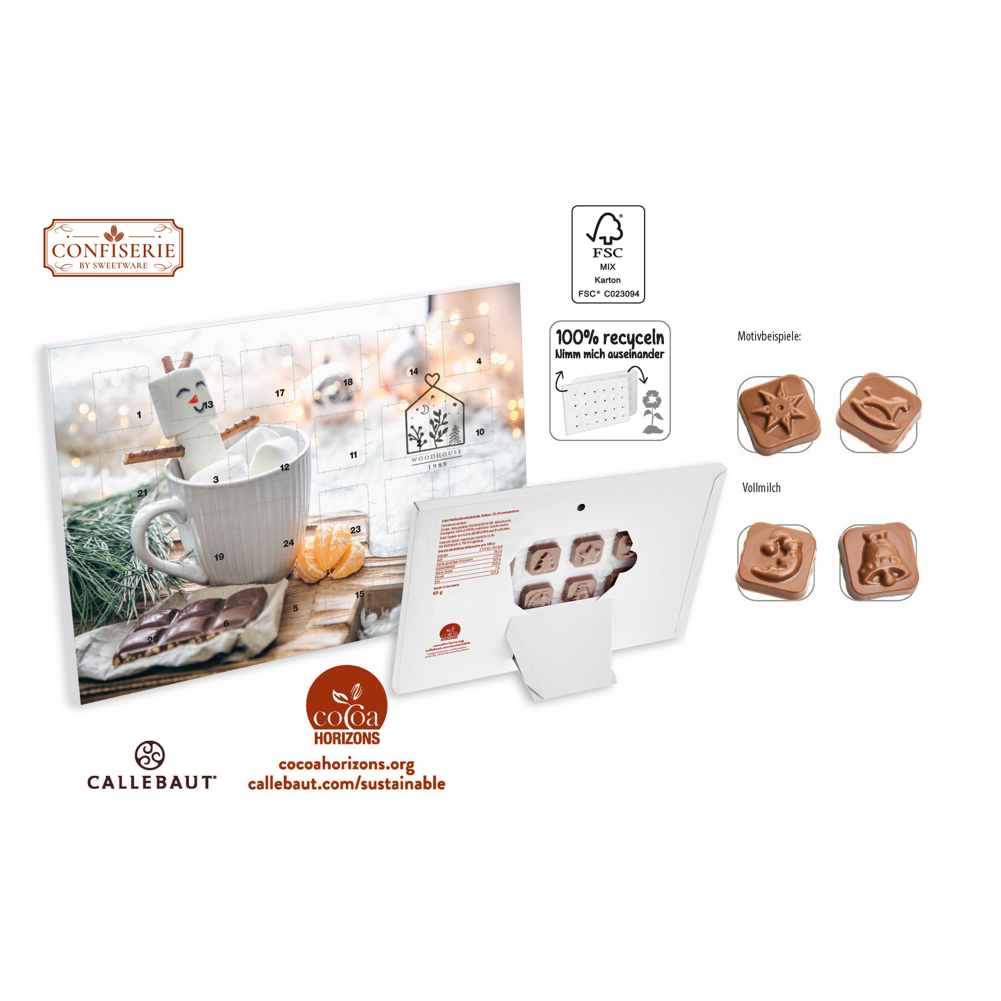 Tisch Adventskalender individuell bedruckt,   60 g, Inhalt: Callebaut Vollmilch Schokolade Kalender