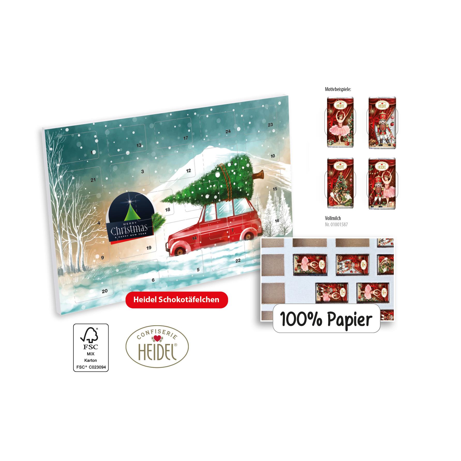 Tisch Adventskalender HEIDEL aus 100 % Papier individuell bedruckt,   72 g, Inhalt: Heidel Schokoladentäfelchen