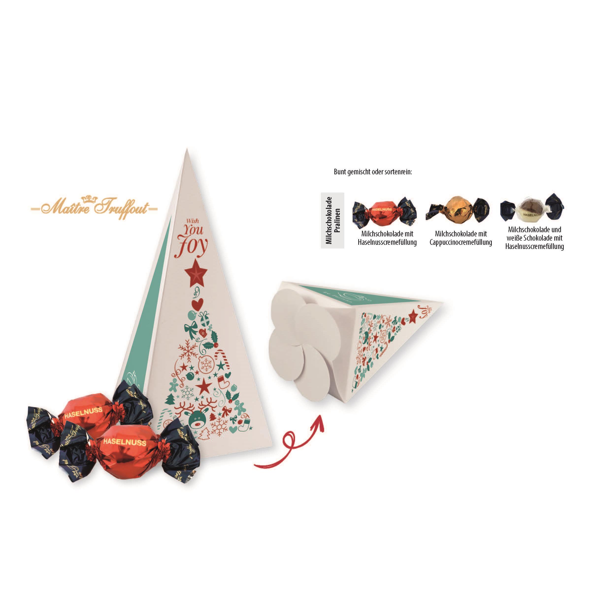 Weihnachtspralinés in Motivkartonage ´Tannenbaum´,   8 Stück, Inhalt: Pralinen Milchschokolade mit Cappuccinocremefüllung