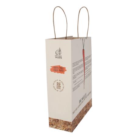 Tasche aus 50% baumfreies Papier 130 gsm, hergestellt aus landwirtschaftlichen Reststoffen 240x90x320 mm.
