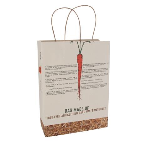Tasche aus 50% baumfreies Papier 130 gsm, hergestellt aus landwirtschaftlichen Reststoffen 480x150x400 mm.