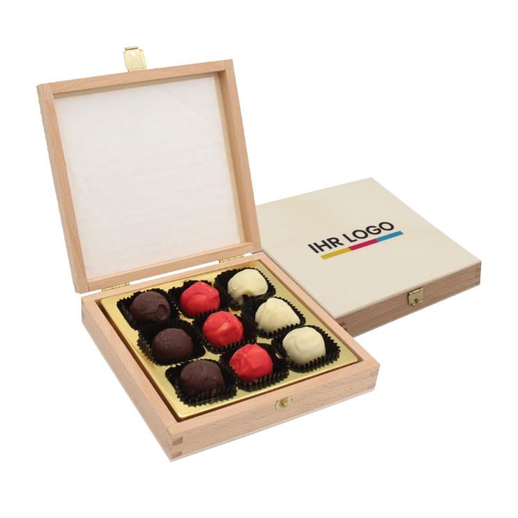 Pralinenbox Holz 9er bedruckter Deckel