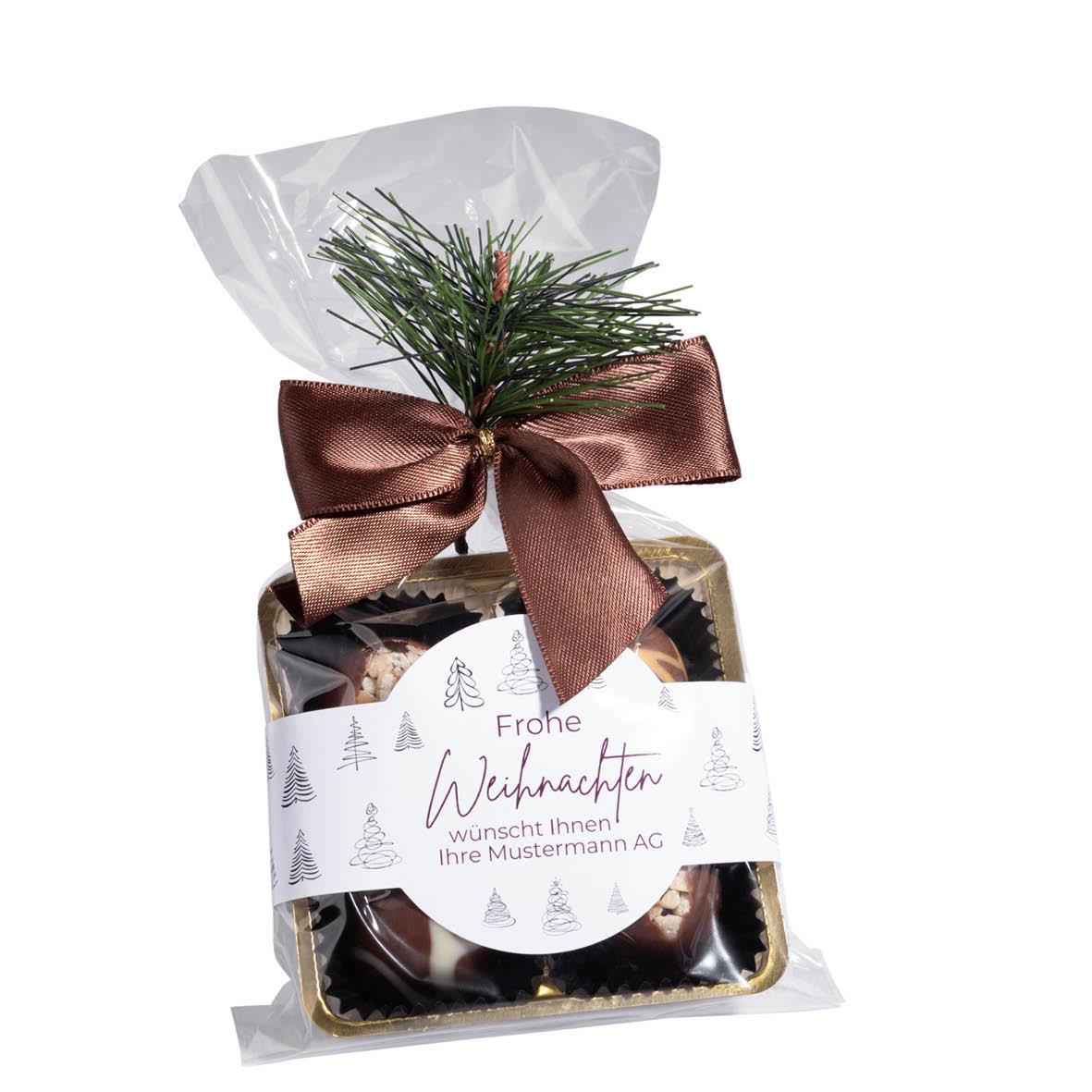 4 PREMIUM-PRALINEN IN TÜTE MIT SCHLEIFE UND WEIHNACHTSAST
